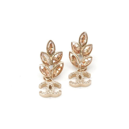 Chanel Earrings Earring Gold Coco Mark Rhinestone Bijou Leaf