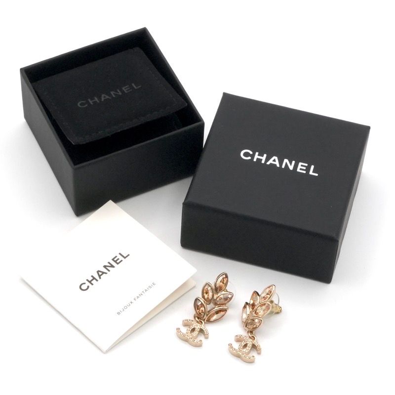 Chanel Earrings Earring Gold Coco Mark Rhinestone Bijou Leaf