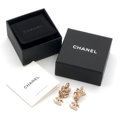 Chanel Earrings Earring Gold Coco Mark Rhinestone Bijou Leaf