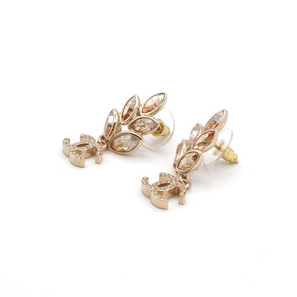 Chanel Earrings Earring Gold Coco Mark Rhinestone Bijou Leaf