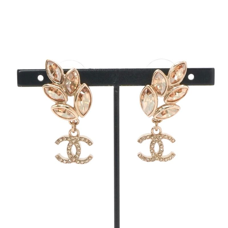 Chanel Earrings Earring Gold Coco Mark Rhinestone Bijou Leaf