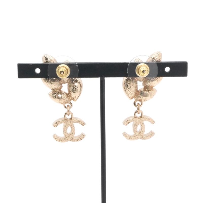 Chanel Earrings Earring Gold Coco Mark Rhinestone Bijou Leaf