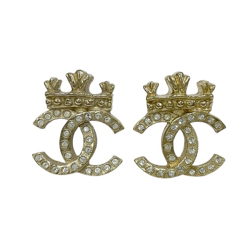 Chanel Earrings Cocomark Crown Rhinestone Gold