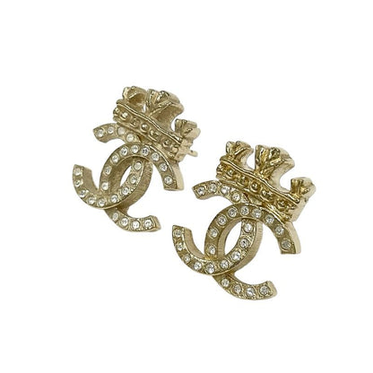 Chanel Earrings Cocomark Crown Rhinestone Gold