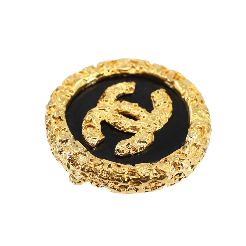 Chanel Coco Mark Brooch Round Shape Gold Black 93 A Accessory Vintage