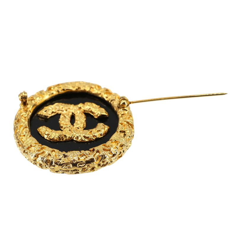 Chanel Coco Mark Brooch Round Shape Gold Black 93 A Accessory Vintage