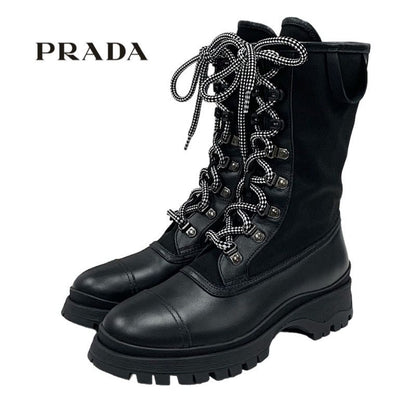 Prada Boots Short Boots Middle Boots Shoes Lace Up Leather Fabric Black
