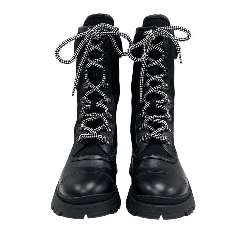 Prada Boots Short Boots Middle Boots Shoes Lace Up Leather Fabric Black