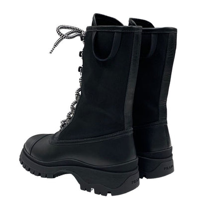 Prada Boots Short Boots Middle Boots Shoes Lace Up Leather Fabric Black
