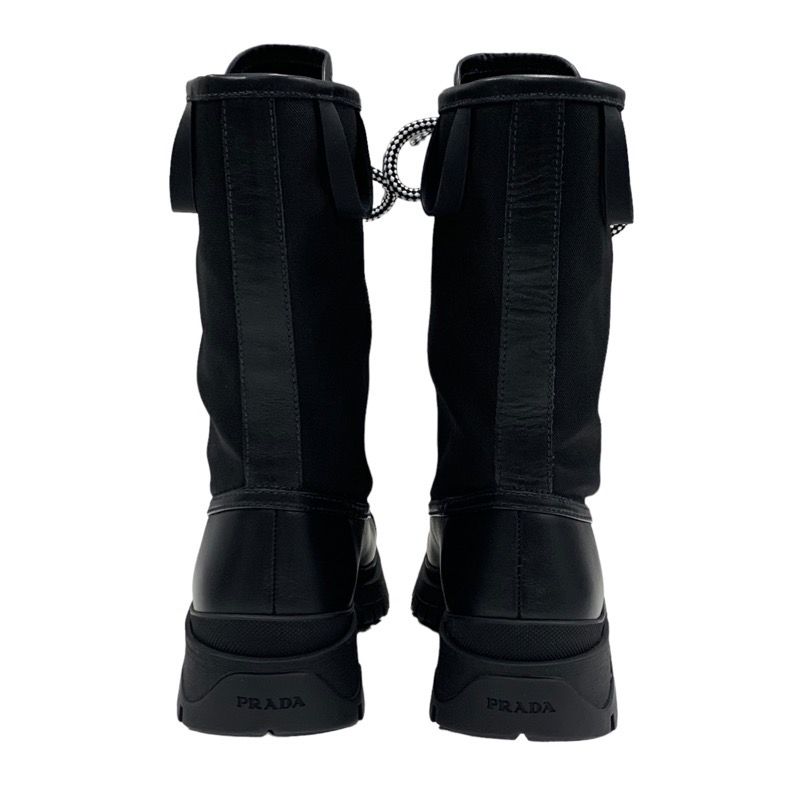 Prada Boots Short Boots Middle Boots Shoes Lace Up Leather Fabric Black
