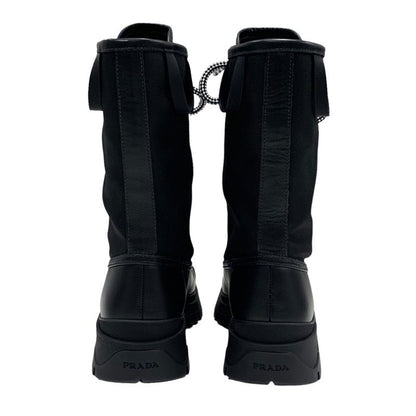 Prada Boots Short Boots Middle Boots Shoes Lace Up Leather Fabric Black