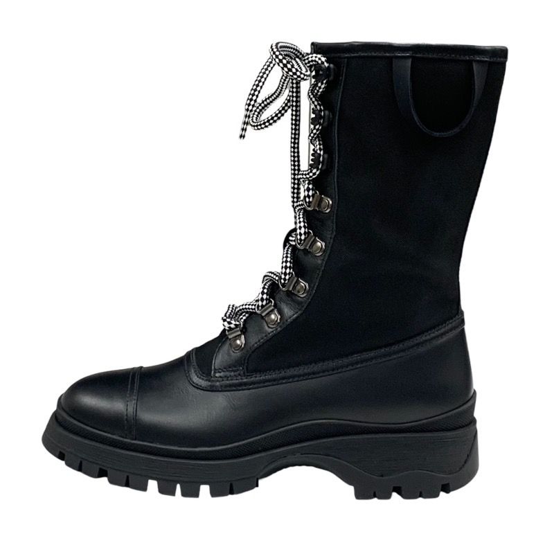 Prada Boots Short Boots Middle Boots Shoes Lace Up Leather Fabric Black