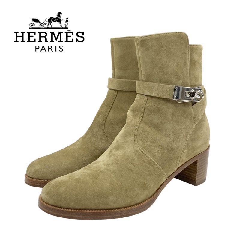 Hermes Frenchie Boots Short Boots Shoes Kelly Hardware Suede Beige