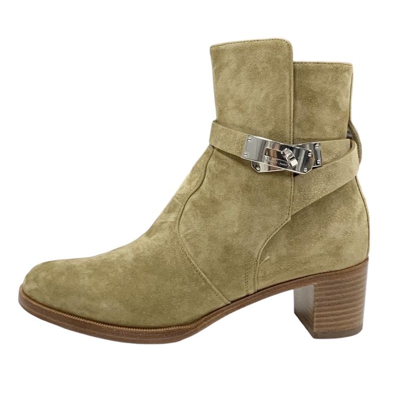 Hermes Frenchie Boots Short Boots Shoes Kelly Hardware Suede Beige