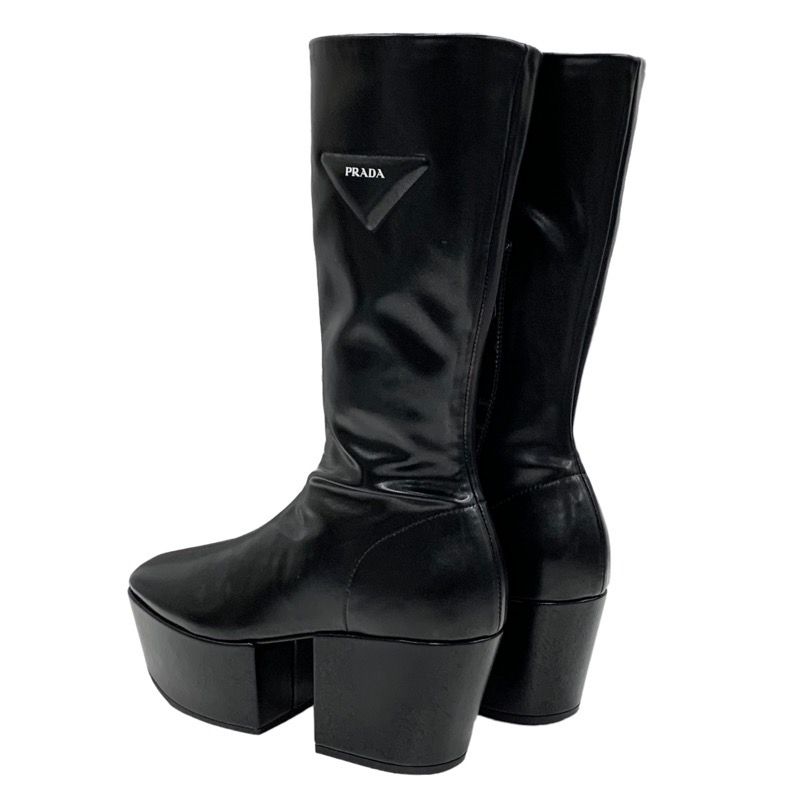 Prada Boots Long Boots Middle Boots Shoes Logo Platform Leather Black