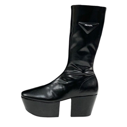 Prada Boots Long Boots Middle Boots Shoes Logo Platform Leather Black