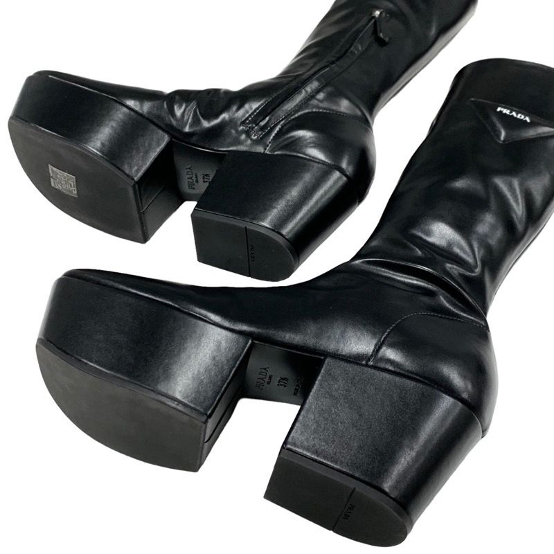 Prada Boots Long Boots Middle Boots Shoes Logo Platform Leather Black