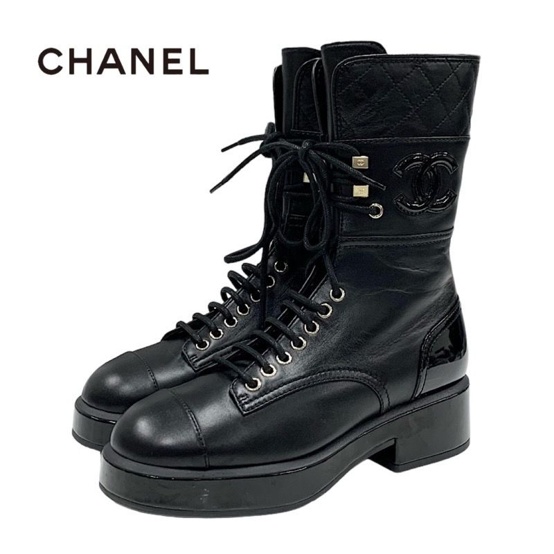 Chanel Boots Short Boots Shoes Here Mark Lace Up Lambskin Patent Black