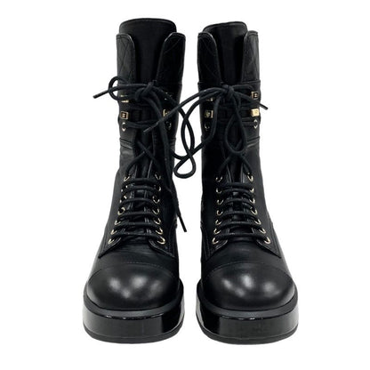 Chanel Boots Short Boots Shoes Here Mark Lace Up Lambskin Patent Black