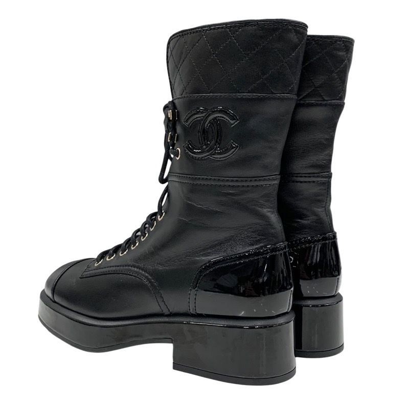 Chanel Boots Short Boots Shoes Here Mark Lace Up Lambskin Patent Black