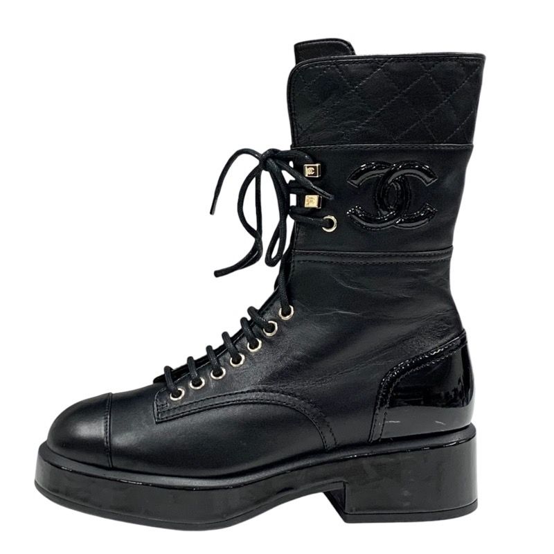 Chanel Boots Short Boots Shoes Here Mark Lace Up Lambskin Patent Black
