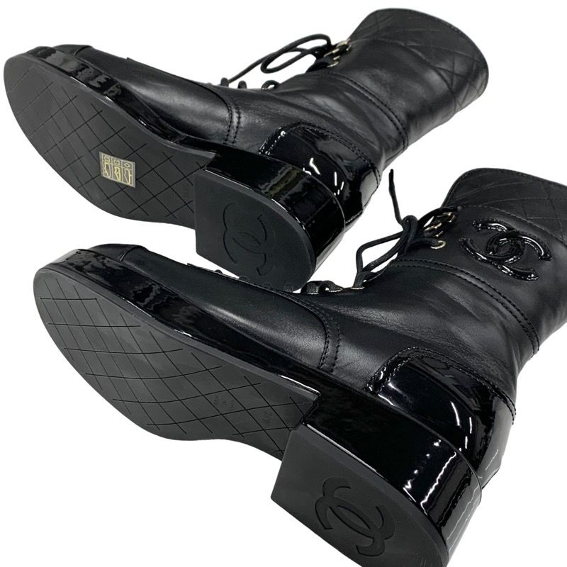 Chanel Boots Short Boots Shoes Here Mark Lace Up Lambskin Patent Black