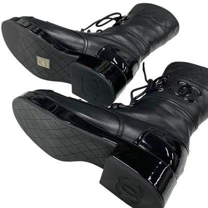 Chanel Boots Short Boots Shoes Here Mark Lace Up Lambskin Patent Black