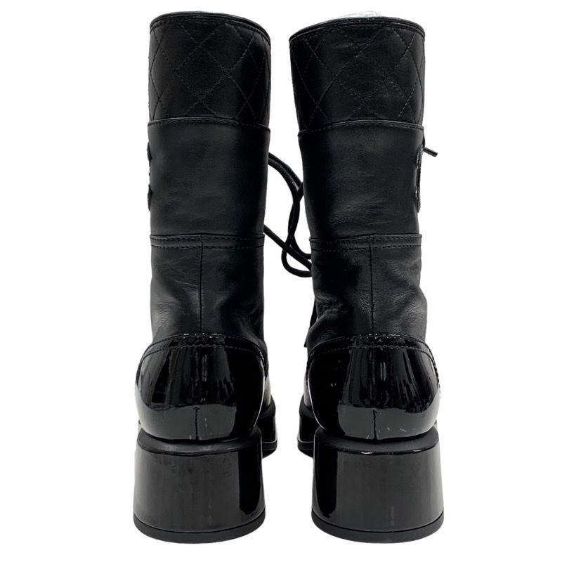 Chanel Boots Short Boots Shoes Here Mark Lace Up Lambskin Patent Black