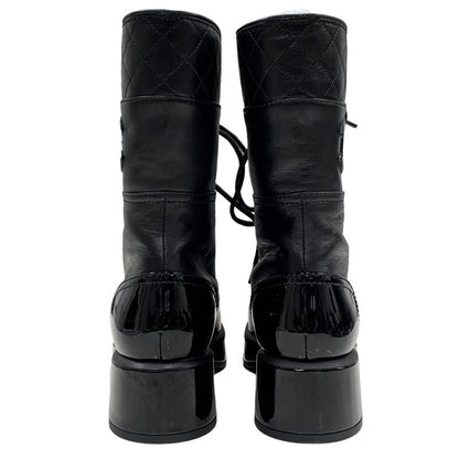 Chanel Boots Short Boots Shoes Here Mark Lace Up Lambskin Patent Black