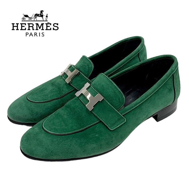 Hermes Paris Loafers Moccasins Flat Shoes Hhardware Suede Green