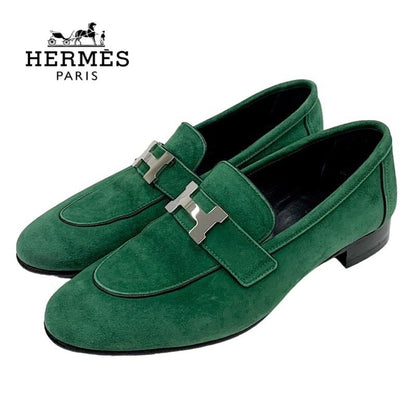 Hermes Paris Loafers Moccasins Flat Shoes Hhardware Suede Green