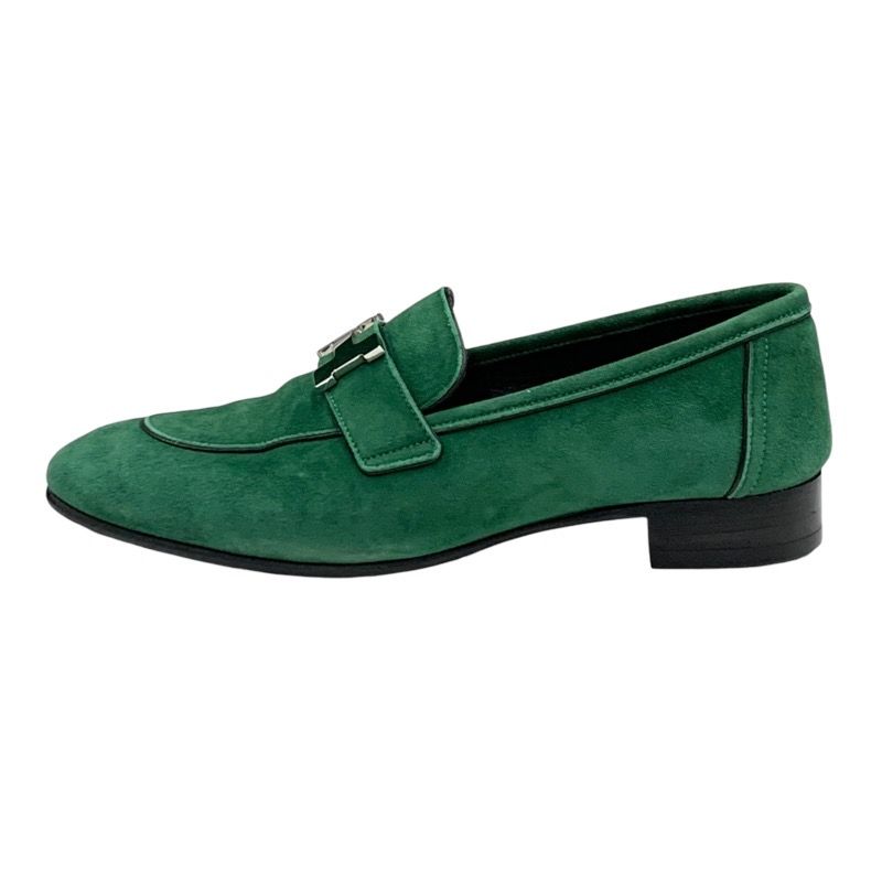 Hermes Paris Loafers Moccasins Flat Shoes Hhardware Suede Green