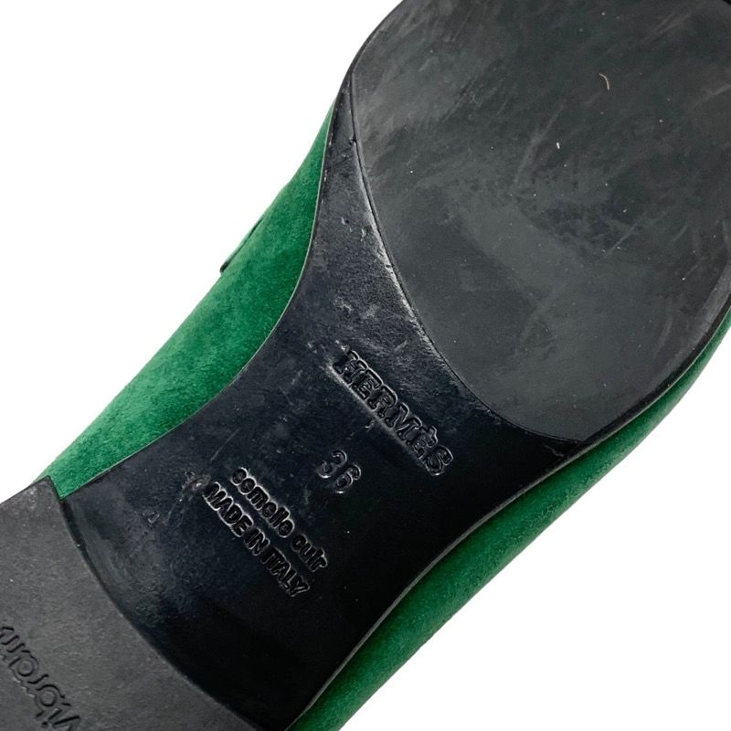 Hermes Paris Loafers Moccasins Flat Shoes Hhardware Suede Green