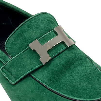Hermes Paris Loafers Moccasins Flat Shoes Hhardware Suede Green