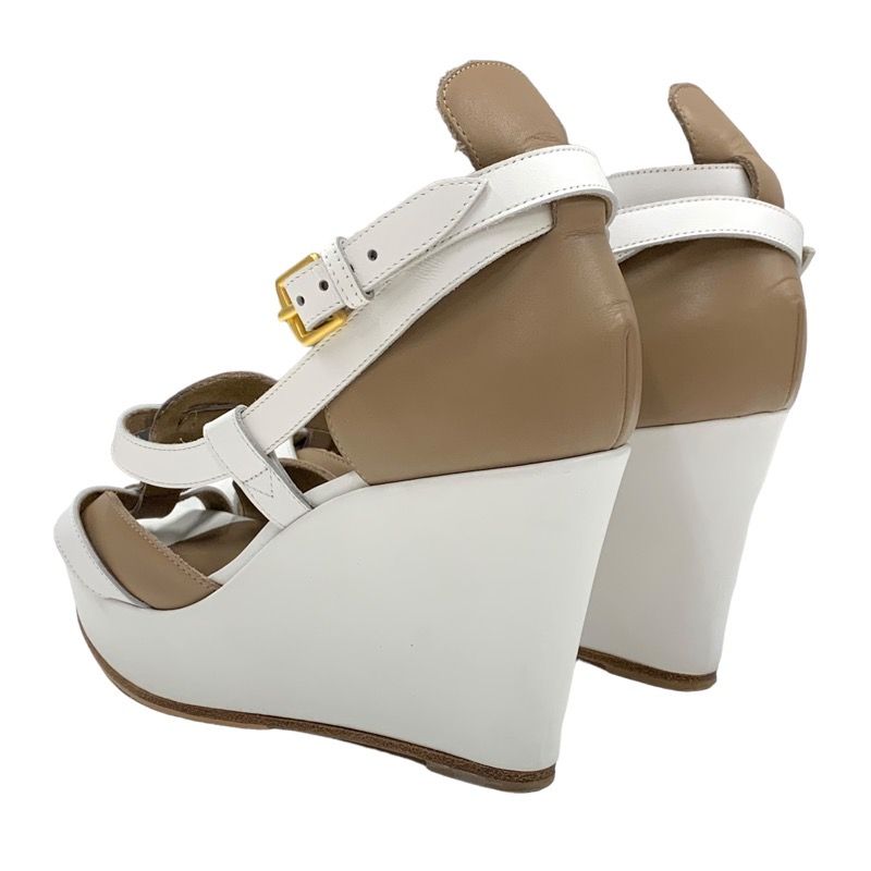 Hermes Sandals Shoes Leather White Brown Wedge Sole Strap