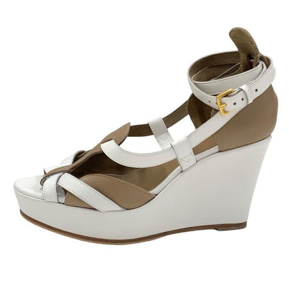 Hermes Sandals Shoes Leather White Brown Wedge Sole Strap