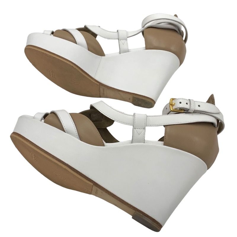 Hermes Sandals Shoes Leather White Brown Wedge Sole Strap