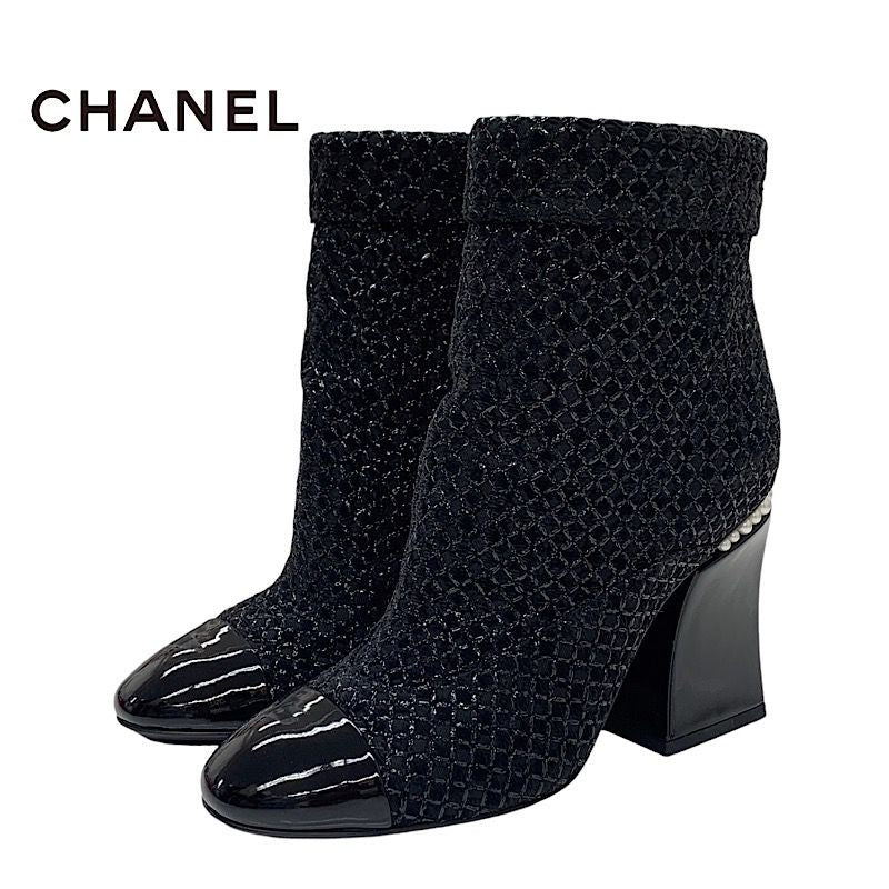 Chanel Boots Short Boots Shoes Fabric Patent Black Here Mark Pearl