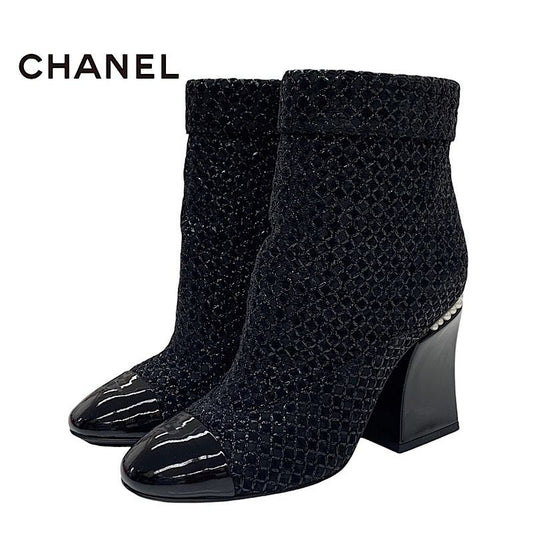 Chanel Boots Short Boots Shoes Fabric Patent Black Here Mark Pearl