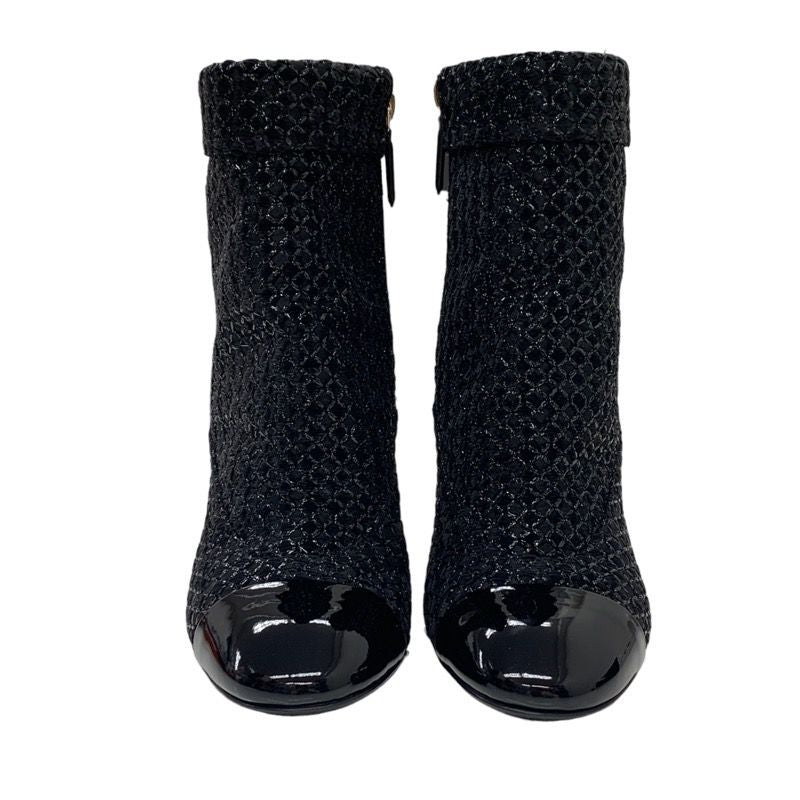 Chanel Boots Short Boots Shoes Fabric Patent Black Here Mark Pearl