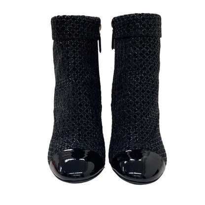 Chanel Boots Short Boots Shoes Fabric Patent Black Here Mark Pearl