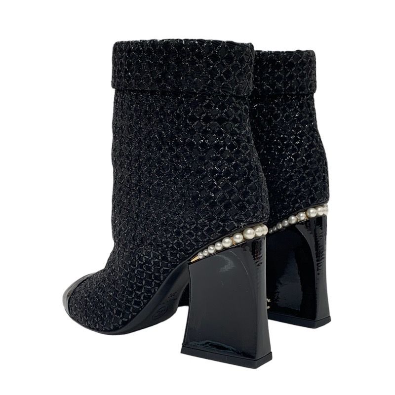 Chanel Boots Short Boots Shoes Fabric Patent Black Here Mark Pearl