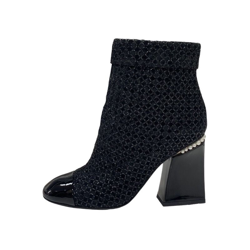 Chanel Boots Short Boots Shoes Fabric Patent Black Here Mark Pearl