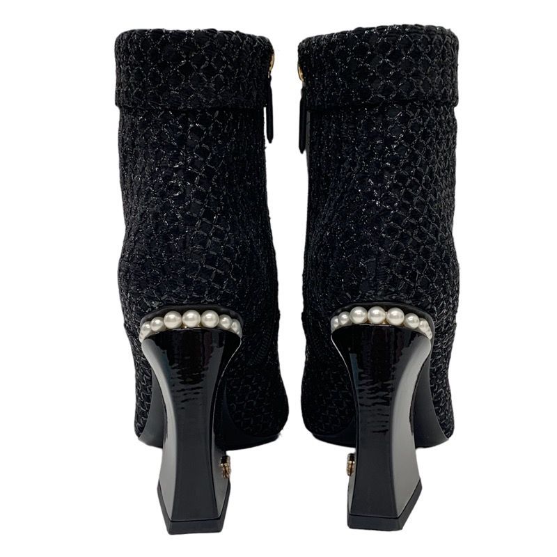 Chanel Boots Short Boots Shoes Fabric Patent Black Here Mark Pearl