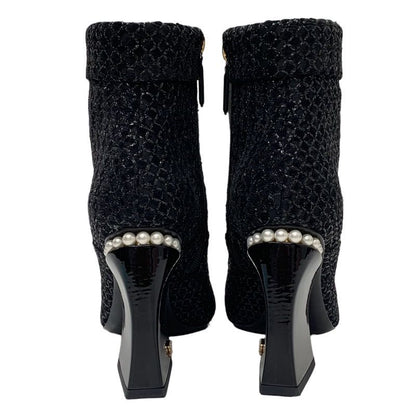 Chanel Boots Short Boots Shoes Fabric Patent Black Here Mark Pearl