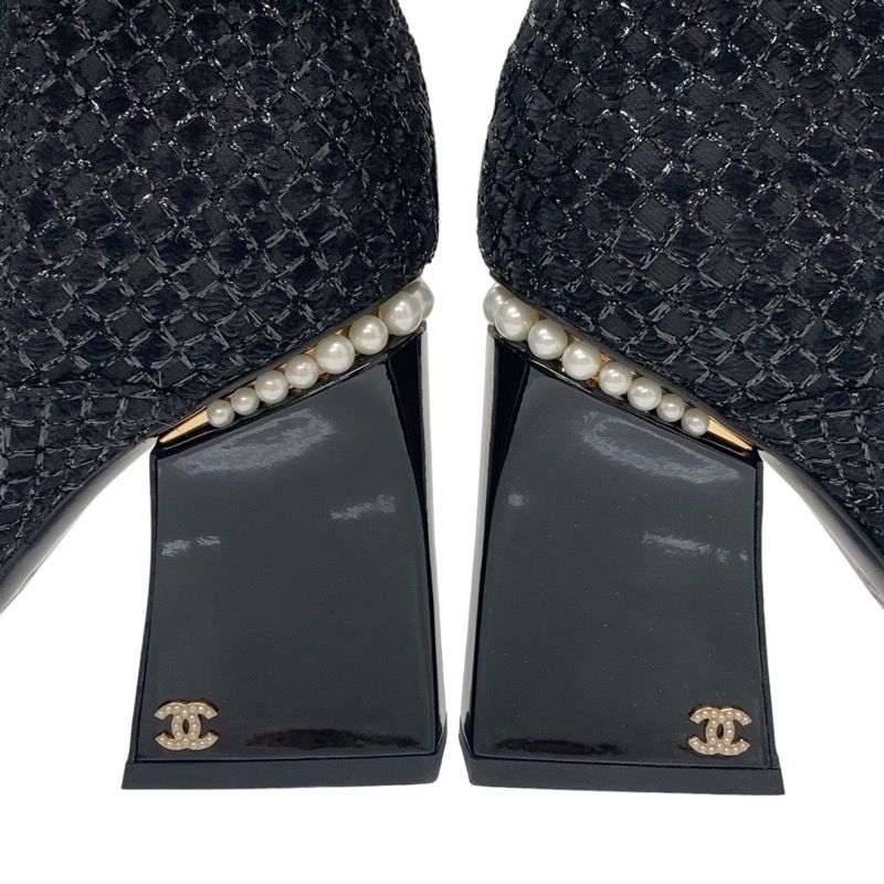 Chanel Boots Short Boots Shoes Fabric Patent Black Here Mark Pearl