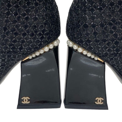 Chanel Boots Short Boots Shoes Fabric Patent Black Here Mark Pearl