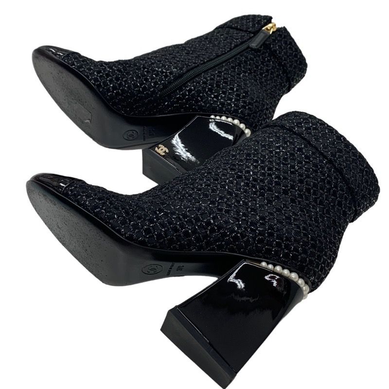 Chanel Boots Short Boots Shoes Fabric Patent Black Here Mark Pearl