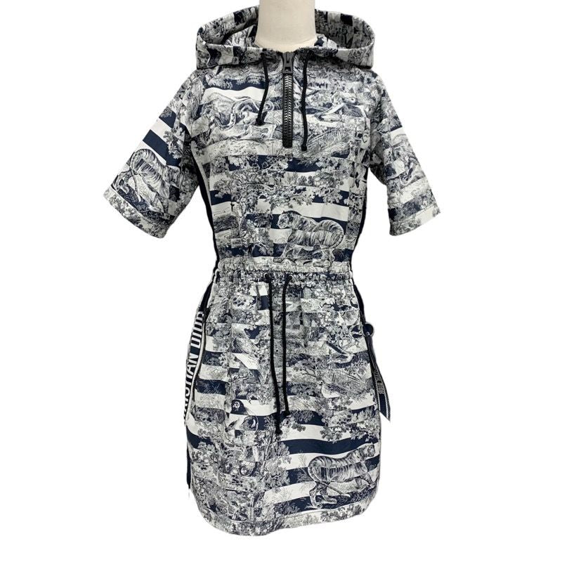 Christian DIOR Dress Front Zip Hoodie Short Sleeve Navy White