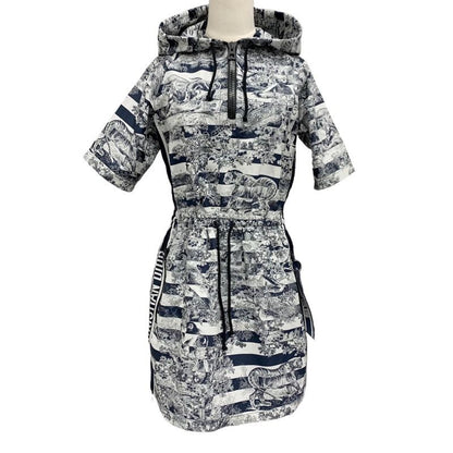 Christian DIOR Dress Front Zip Hoodie Short Sleeve Navy White